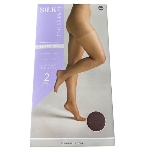 Silk Impressions Pantyhose Size XXXL Ultra Fine Sheer Cocoa 2 Pair 15 Denier NEW - Picture 1 of 6